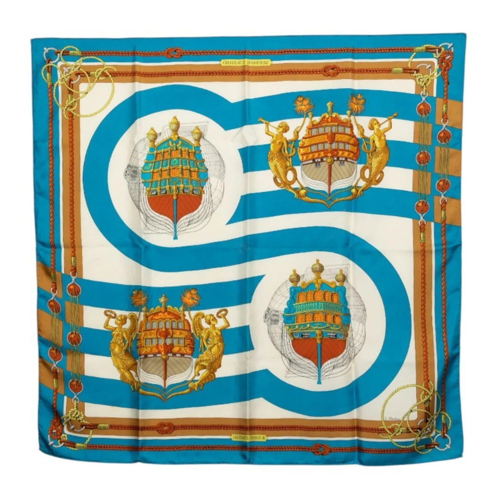 Hermes Carre 90 Chateau de Arriere Scarf, Large Size, Blue Multicolor Silk, W...